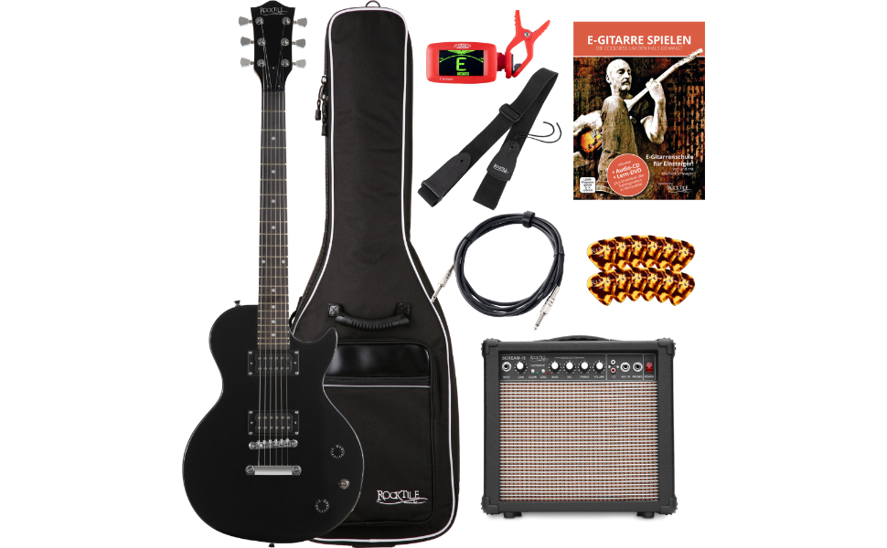 Rocktile L-100 BL Електрогітара Стартовий набір - чорний колір, Single Cut - Корпус: Липа - 2x Humbucker звукознімачі - з підсилювачем, Gigbag, кабелем, медіаторами, ременем та навчальним посібником