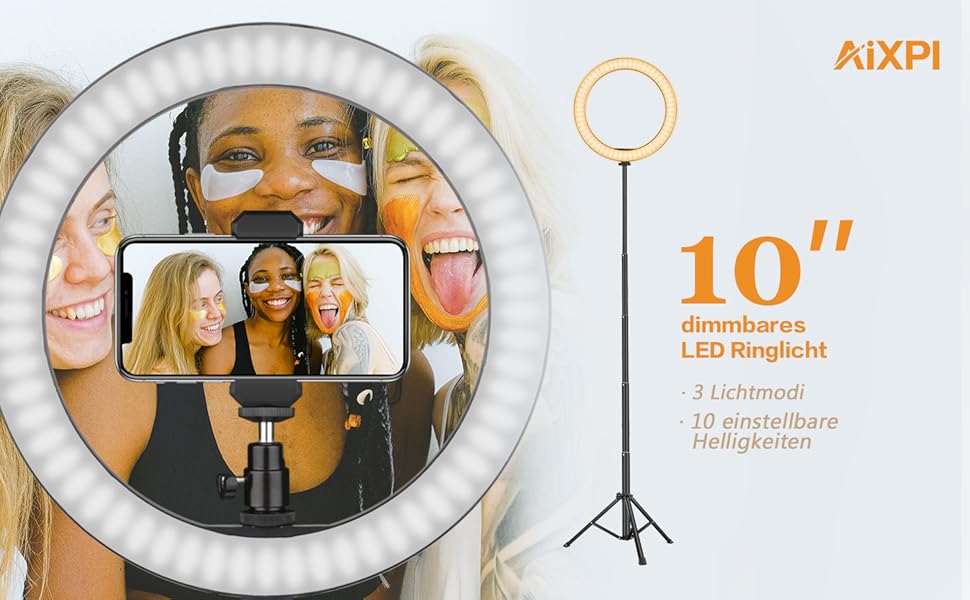 Ring Light AIXPI 10 з регулюванням яскравості, штативом та тримачем для телефону – для YouTube, фото та відео