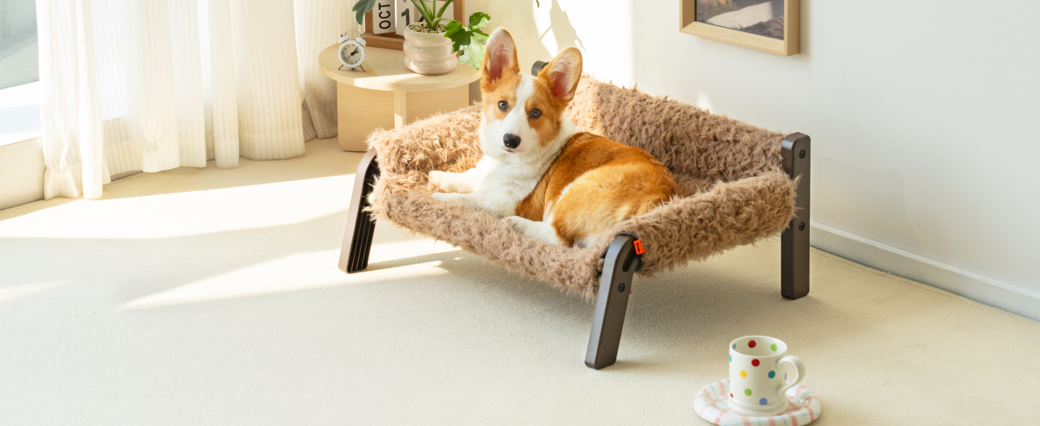MEWOOFUN Dog Sofa Dog Bed Elevated - Dog Beds for Small and Medium Dogs with Non-Slip Bottom, Breathable Puppy Bed with Removable Cushion, Cat Sofa 61 x 53 x 28 cm, Brown