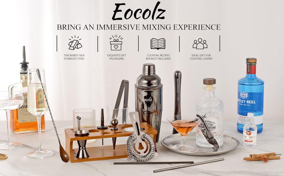 750ml Stainless Steel Cocktail Shaker Set with Bamboo Stand & Recipe Book - 17 Piece Bar Set for Bartenders, Gifts for Women