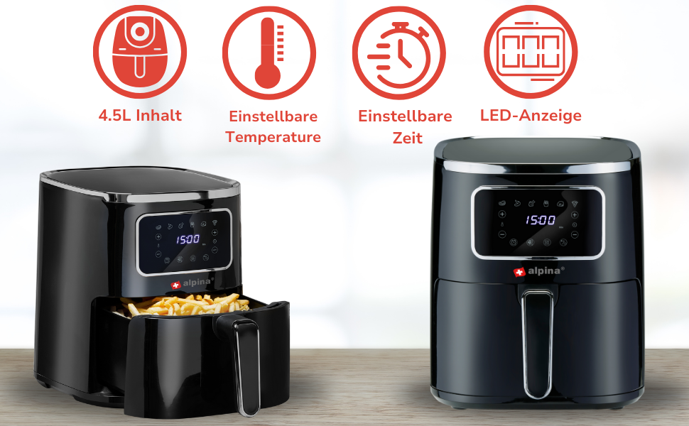 Фритюрниця Alpina Airfryer 4.5L з цифровим дисплеєм - фритюрниця без олії, 1450W, для 1-4 осіб, регулювання температури 80-200°C, таймер