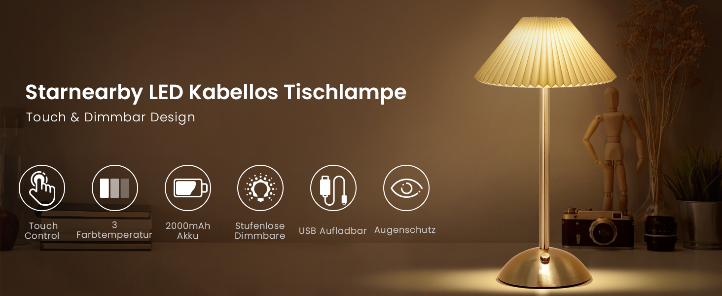 Світлодіодна настільна лампа Starnearby бездротова, з сенсорним димером, акумуляторна, 3 режими світла, вінтажний дизайн, металева, для спальні, офісу, тумбочки (Бежева + Коричнева основа)