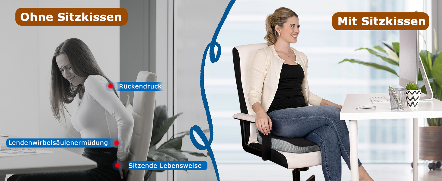 Подушка для офісного крісла з Memory Foam: ортопедична підтримка куприка, зменшення тиску, широка подушка для офісу, авто, інвалідного візка - чорний/сірий