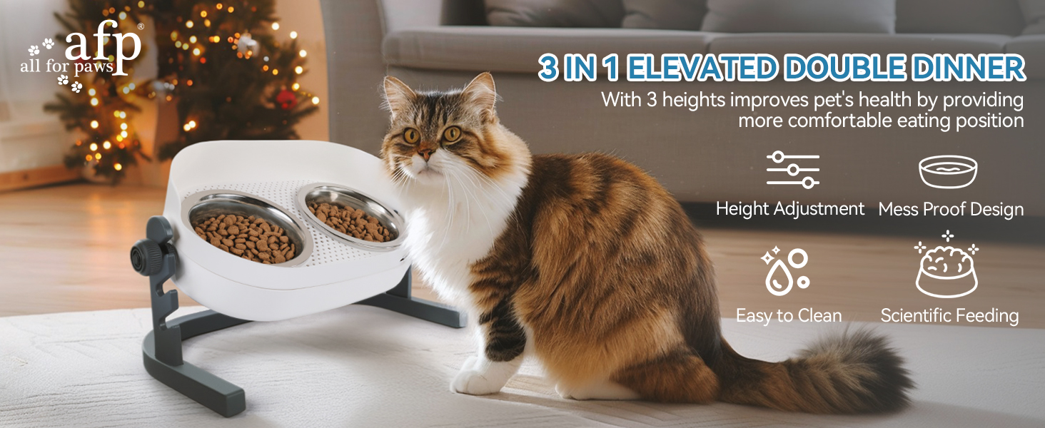 Підвищений годівниця для котів ALL FOR PAWS - 3-рівневий регульований підставка для мисок з 2 мисками з нержавіючої сталі (350 мл), антиковзаюча та захищена від розливу, для кошенят, середніх та великих котів (44 * 26 * 19 см)