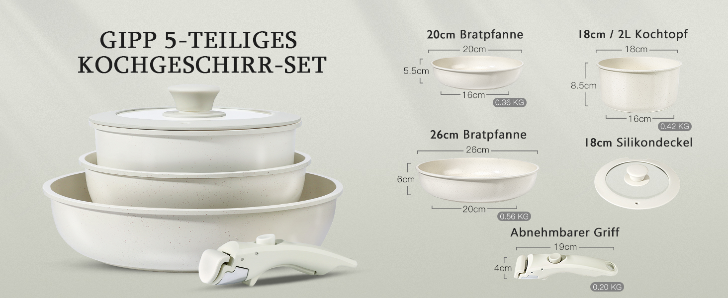 GiPP 5-Piece Ceramic Cookware Set with Removable Handle - Non-Stick, Oven-Safe, Induction Compatible, PTFE/PFOA-Free