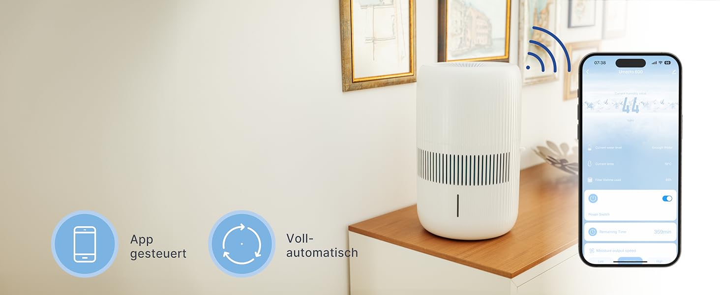 Зволожувач повітря Comedes Umecto 300 – для приміщень до 45 м², тихий та енергоефективний, резервуар 2,8 л, продуктивність 300 мл/год, 99,9% менше бактерій завдяки холодній дифузії, для спальні, сумісний зі Smart Home