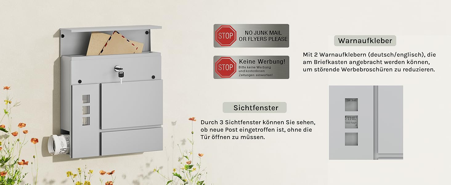 Поштовий ящик WOLTU XXL з відділенням для преси, захистом від реклами, оглядовим вікном, замком (2 ключі), антрацит (сірий) 37x37x10.5 см