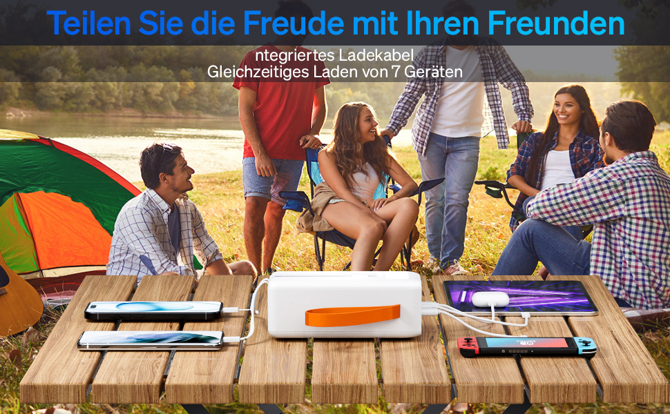 Портативний зарядний пристрій Power Bank 50000mAh з інтегрованим кабелем: швидка зарядка 22,5W, велика ємність, LED-ліхтарик, 7 виходів & 3 входи, 2x25000mAh, білий