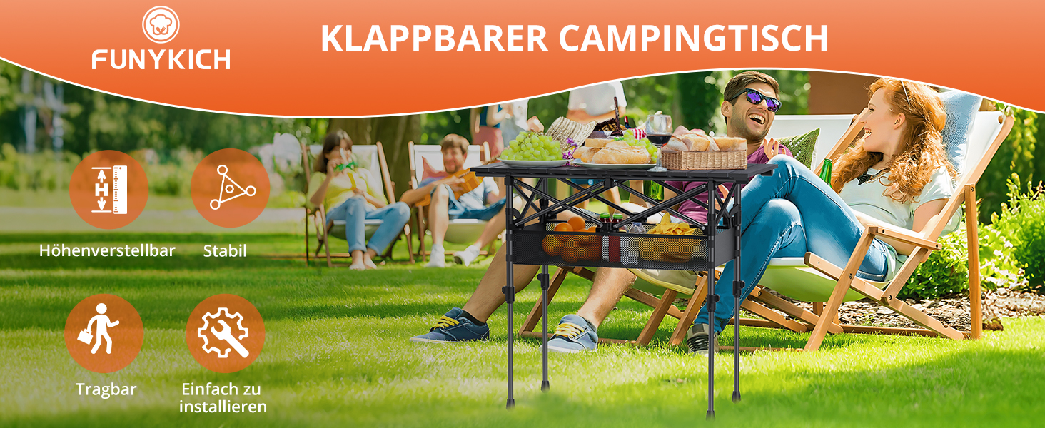 Складаний туристичний стіл FUNYKICH 82x40 см з регулюванням висоти (44/70 см), з сітчастою кишенею, для пікніка, кемпінгу, BBQ, саду