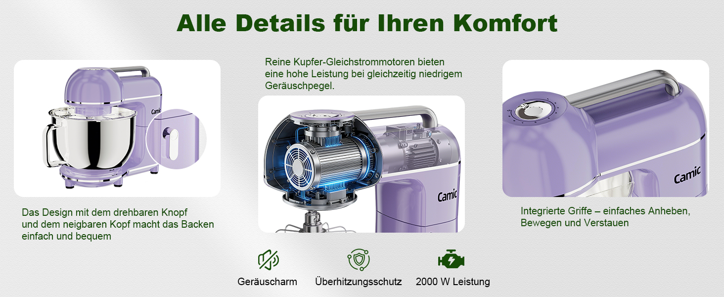 Кухонна машина Camic 2000W: планетарний міксер з чашею з нержавіючої сталі 7л, 10 швидкостями, набором насадок та захистом від бризок, світло-фіолетова