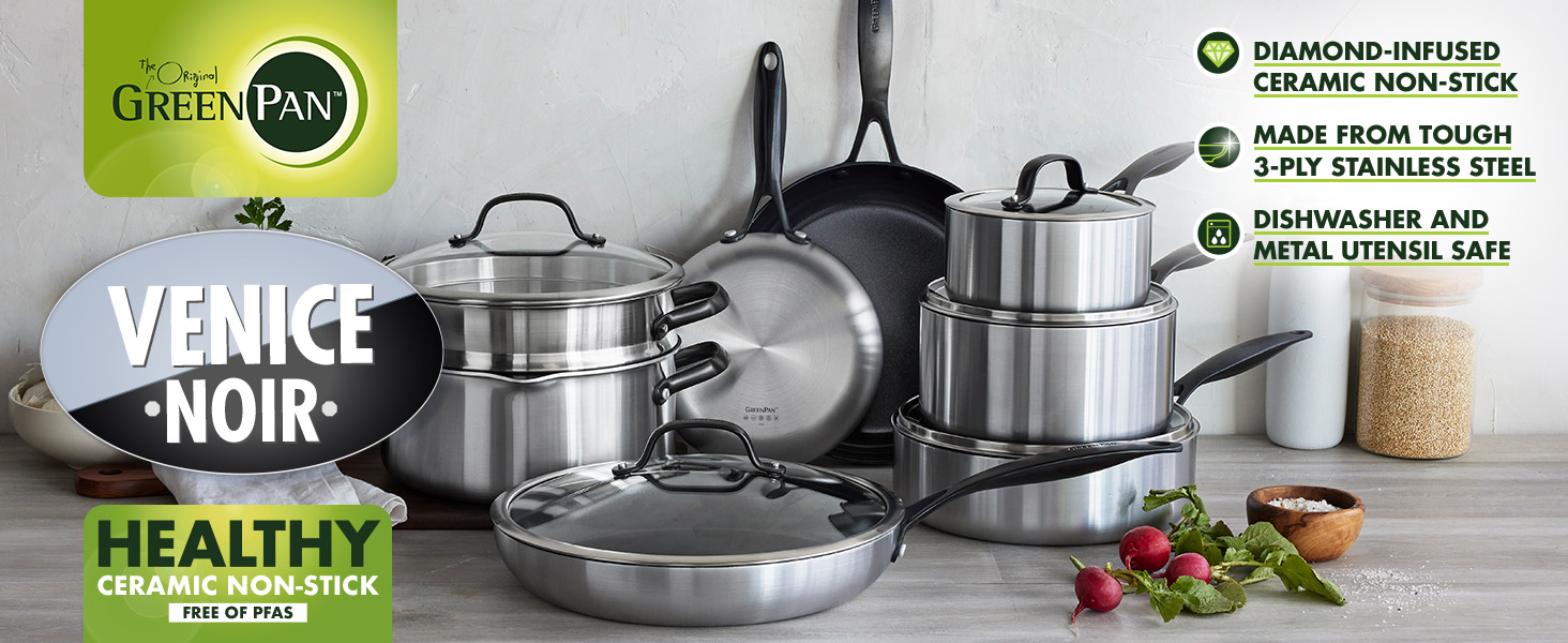 Набір сковорідок GreenPan Venice Pro Noir 26см та 30см, нержавіюча сталь, антипригарне покриття Ceramic, чорний, без PFAS, для індукції, можна мити в посудомийній машині, термостійкий, срібний