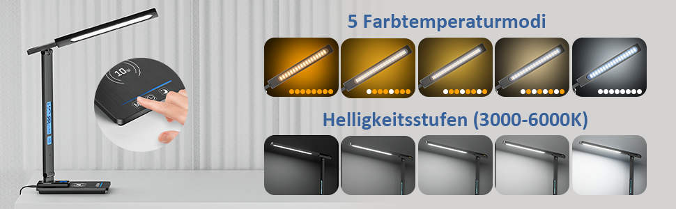 LED лампа настільна YAMYONE з бездротовим зарядним пристроєм та USB-портом, 5 кольорів, регулювання яскравості, нічник, годинник, термометр, для офісу та навчання, білий (чорний)