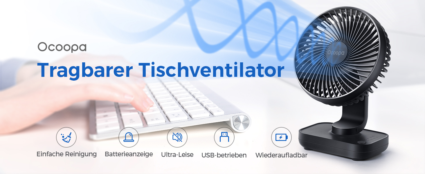 Вентилятор USB OCOOPA Ultra Leise - Міні вентилятор для столу, дому та офісу, 4 швидкості, 4000mAh, чорний (на акумуляторі)