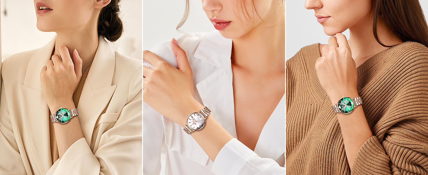 Жіночий наручний годинник JewelryWe Rosegold: кварцовий аналоговий годинник зі сталі, водонепроникний (30м), з календарем, підсвічуванням стрілок та граненим склом, колір Rosegold-Зелений