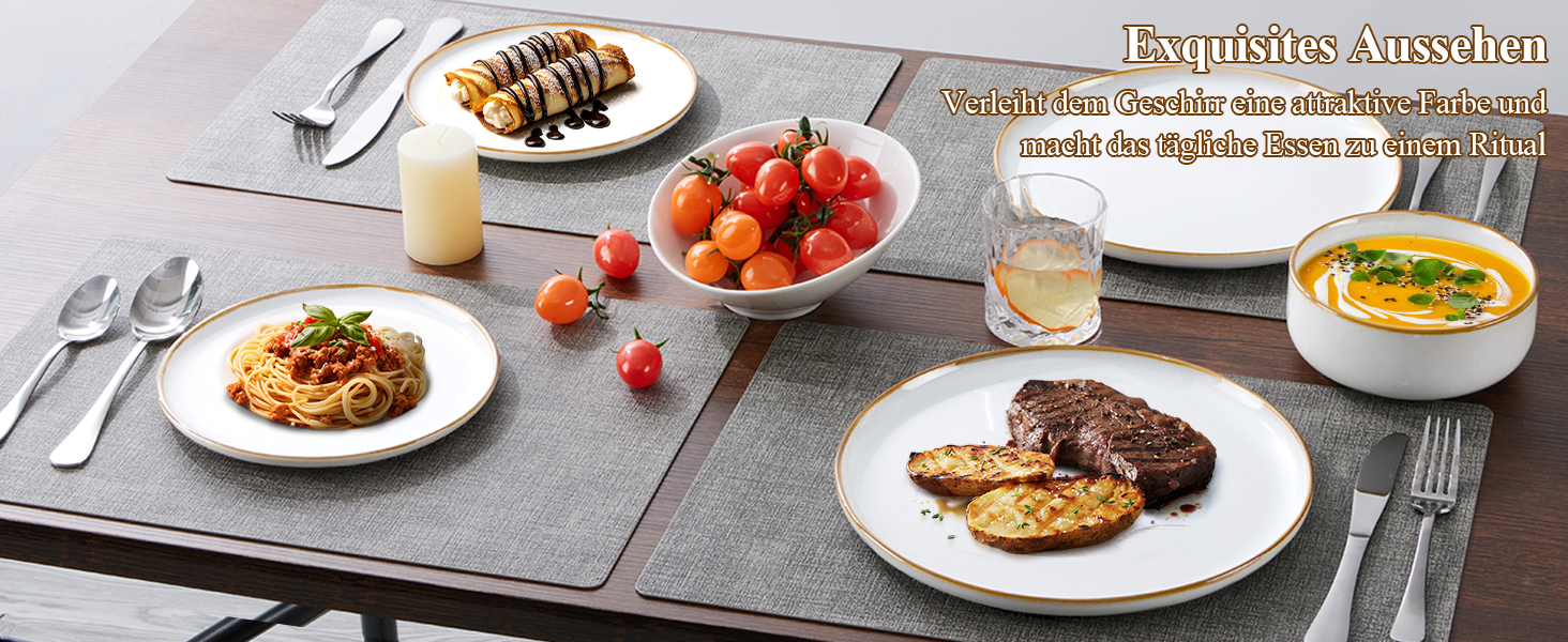 Набір посуду Joyfair на 6 осіб, 18 предметів: тарілки, миски, десертні тарілки, посуд з реактивної глазурі, для щоденного використання, сумісний з мікрохвильовою піччю та посудомийною машиною, пісочно-бежевий колір