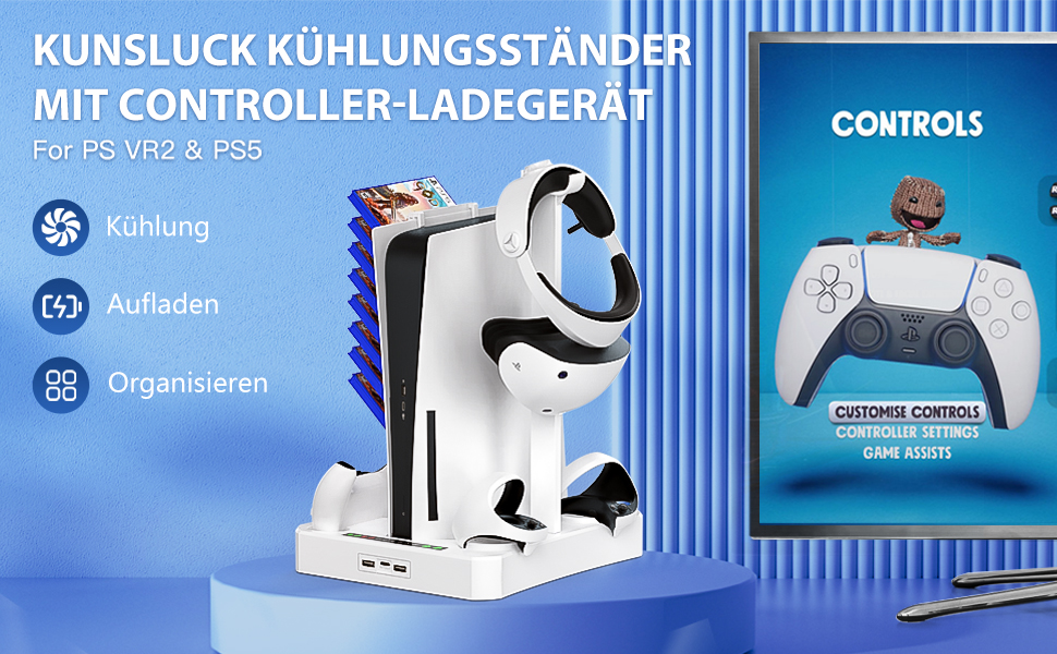 Док-станція KUNSLUCK для PS5 та PS VR2 з 2 вентиляторами, 3-в-1: підставка, зарядка контролерів, охолодження консолі, органайзер аксесуарів для PlayStation 5 та PS VR2