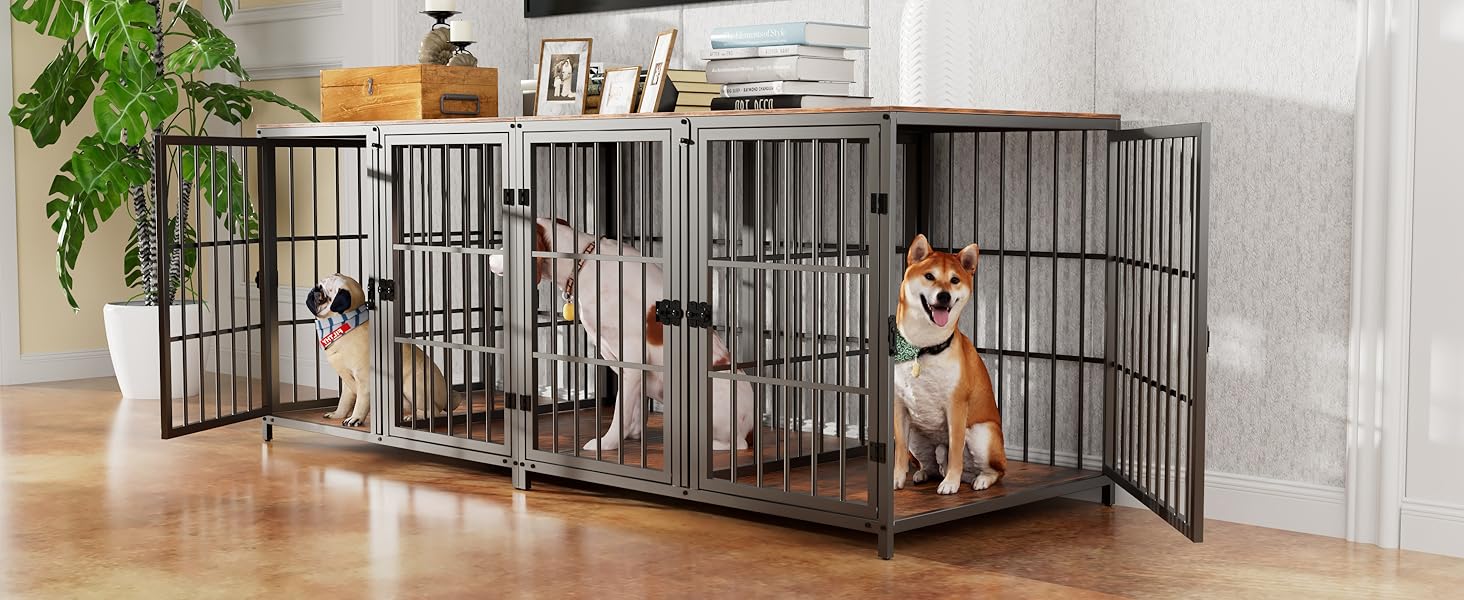 Клітка для собак BingoPaw 2 в 1: дерев'яна клітка-шафа для собак, внутрішнє використання, з роздільною перегородкою та 4 дверима, для 2 маленьких або середніх собак, розмір 90x62x68.5 см, чорна