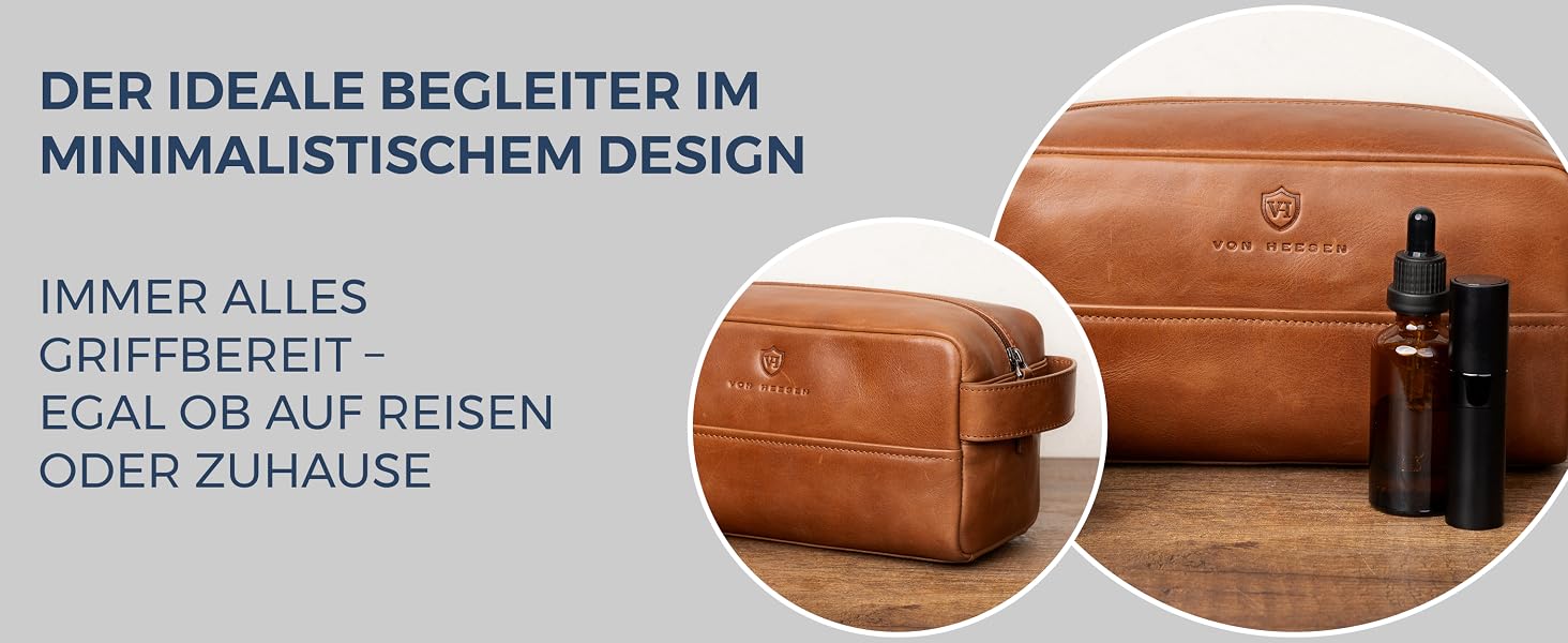 Шкіряна косметичка для подорожей VON HEESEN — універсальна сумка для аксесуарів та гігієни з натуральної шкіри, коричнева (Cognac Braun), великий розмір