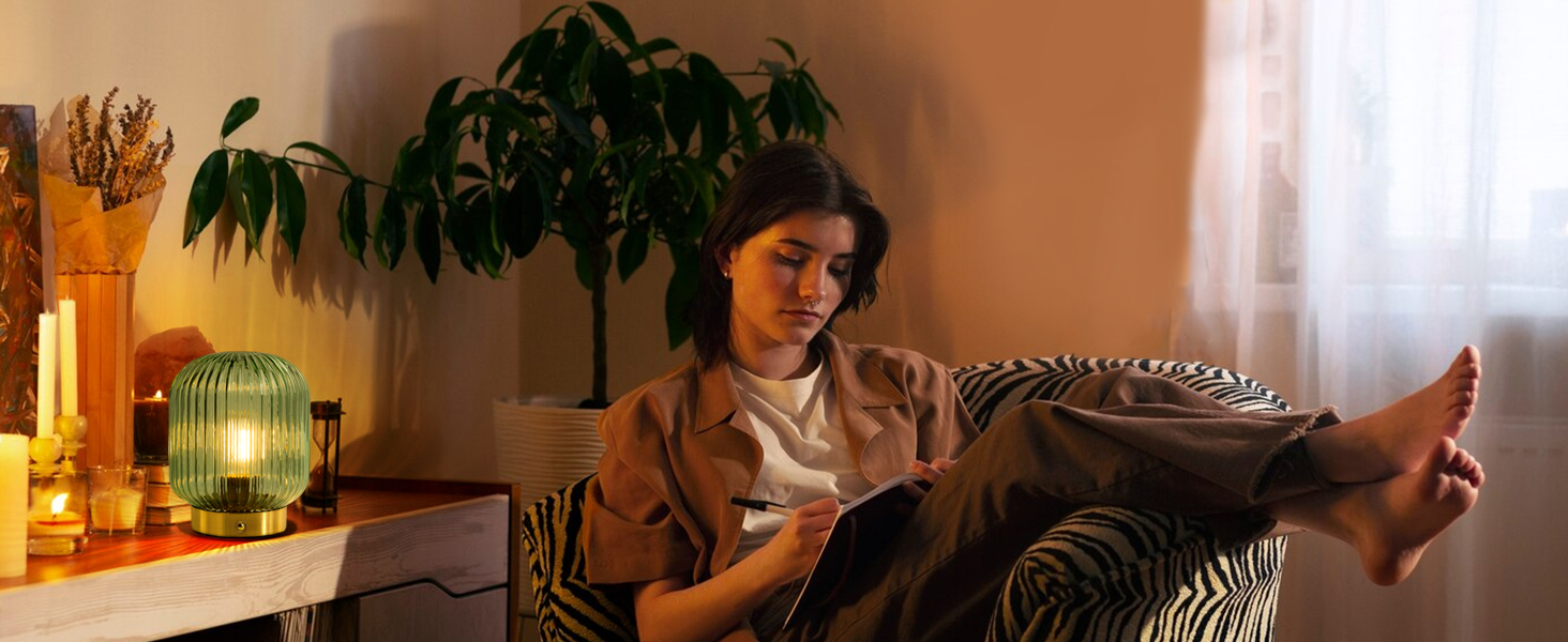 LED настільна лампа MJ PREMIER: акумуляторна, з сенсорним керуванням, регулювання яскравості, скло, USB зарядка, аварійна, зелена