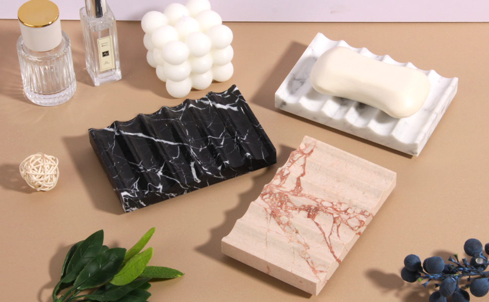 Склянка для мила з мармуру з отвором Carrara: прямокутна, хвиляста, самостійно спорожняється, для ванної кімнати та кухні