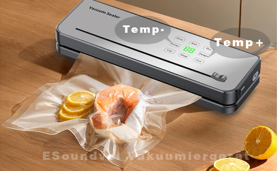 Вакуумний пакувальник ESoundvol 8-в-1 з контролем температури, вбудованим різаком та LED-дисплеєм для зберігання продуктів, 10 пакетів