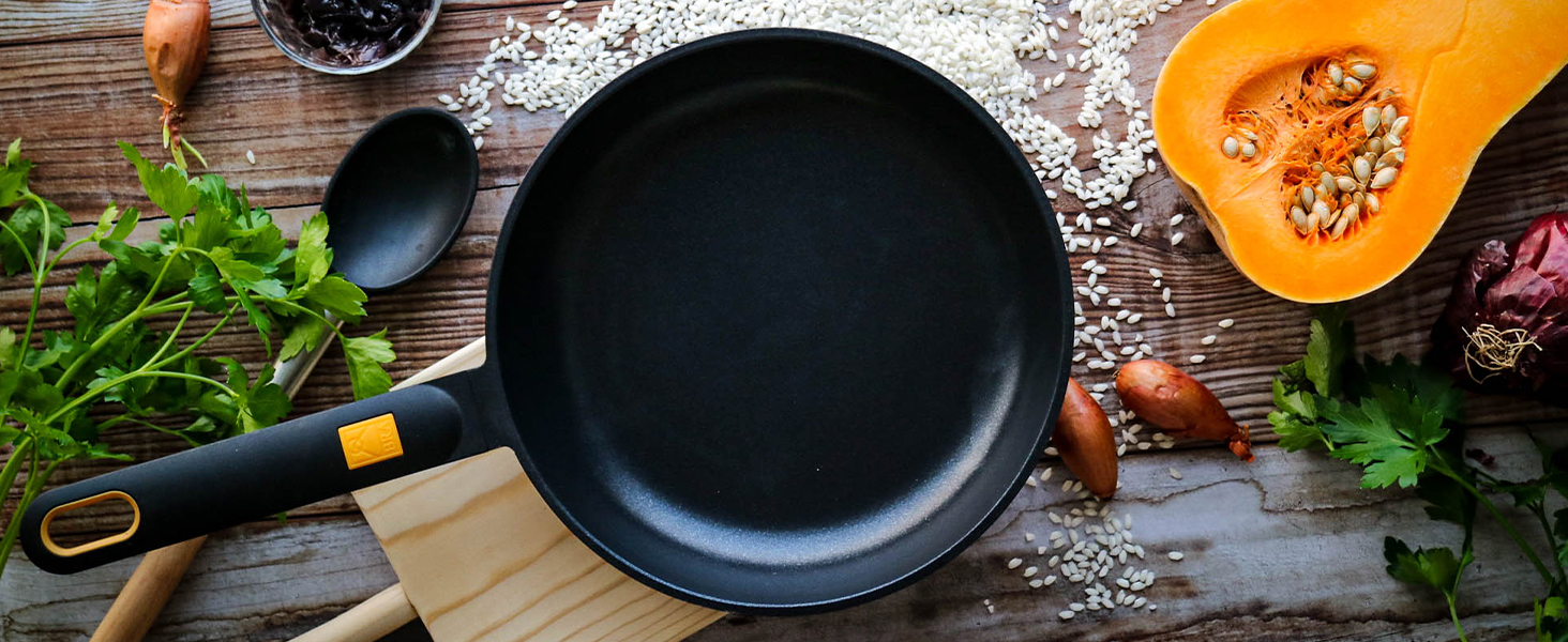 Набір сковорідок BRA Daily Pro 3 шт. з алюмінію, 20-24-28 см, антипригарне покриття без PFOA, для всіх плит (індукція), чорний та жовтий