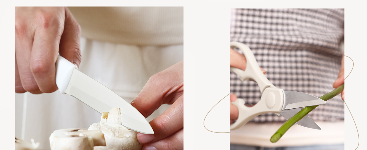 Набір ножів Hecef 14 предметів з бруском, кремового кольору, з антипригарним покриттям. Самозаточувальний ніжний блок, ергономічні ручки, компактний набір ножів для будь-якої кухні, безпечний для миття в посудомийній машині.