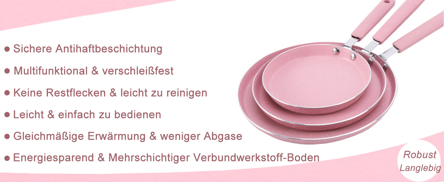 Набір сковорідок Maxspace 3 шт. з антипригарним покриттям, 18, 22, 26 см, для всіх типів плит, рожевий