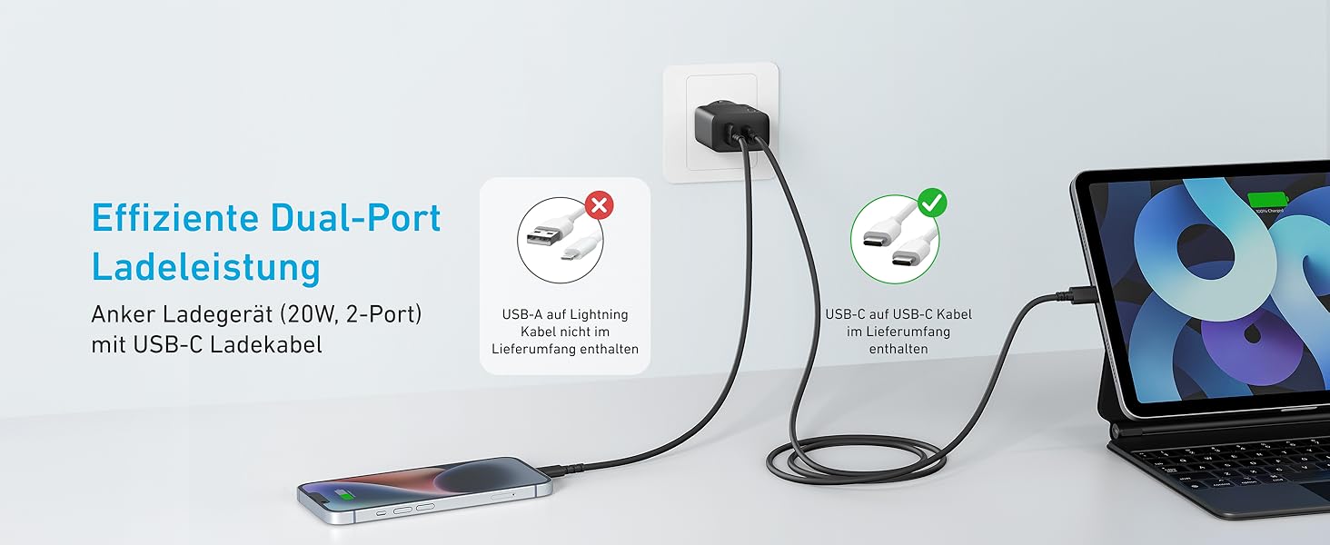 Зарядний пристрій Anker 20W USB-C, адаптер живлення для iPad, швидка зарядка, сумісний з iPhone 17/16/15, кабель USB-C (150см), чорний