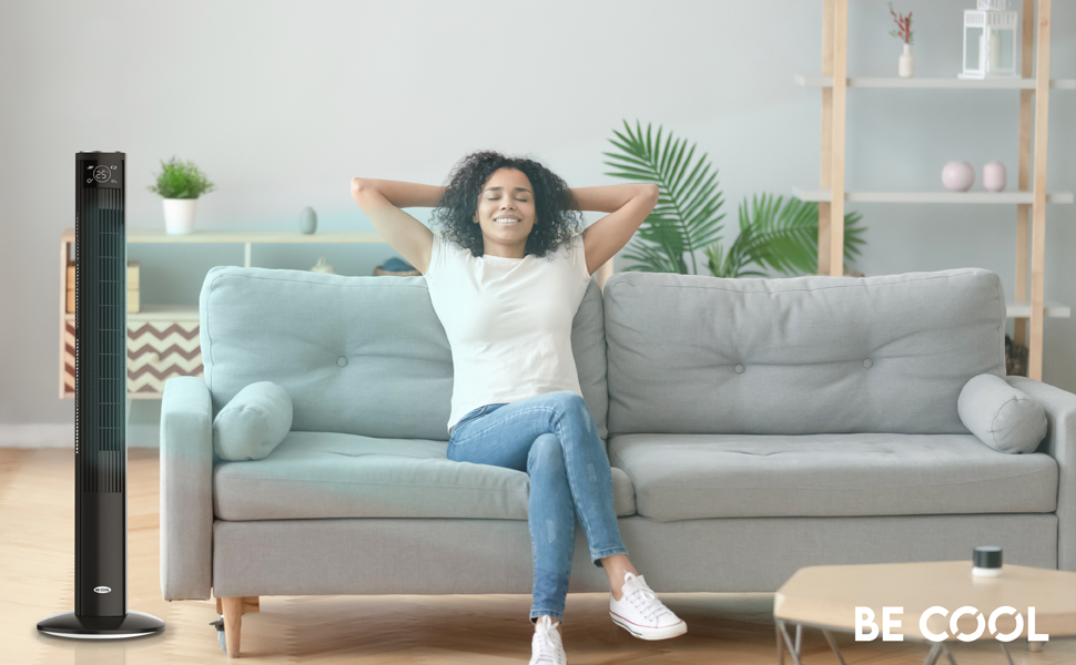 Вентилятор Be Cool з турбонаддувом 121 см – 3 швидкості, осциляція, LED-дисплей, таймер до 12 годин, іонізатор для чистого повітря, тихий підлоговий вентилятор з пультом дистанційного керування, білий (45W)