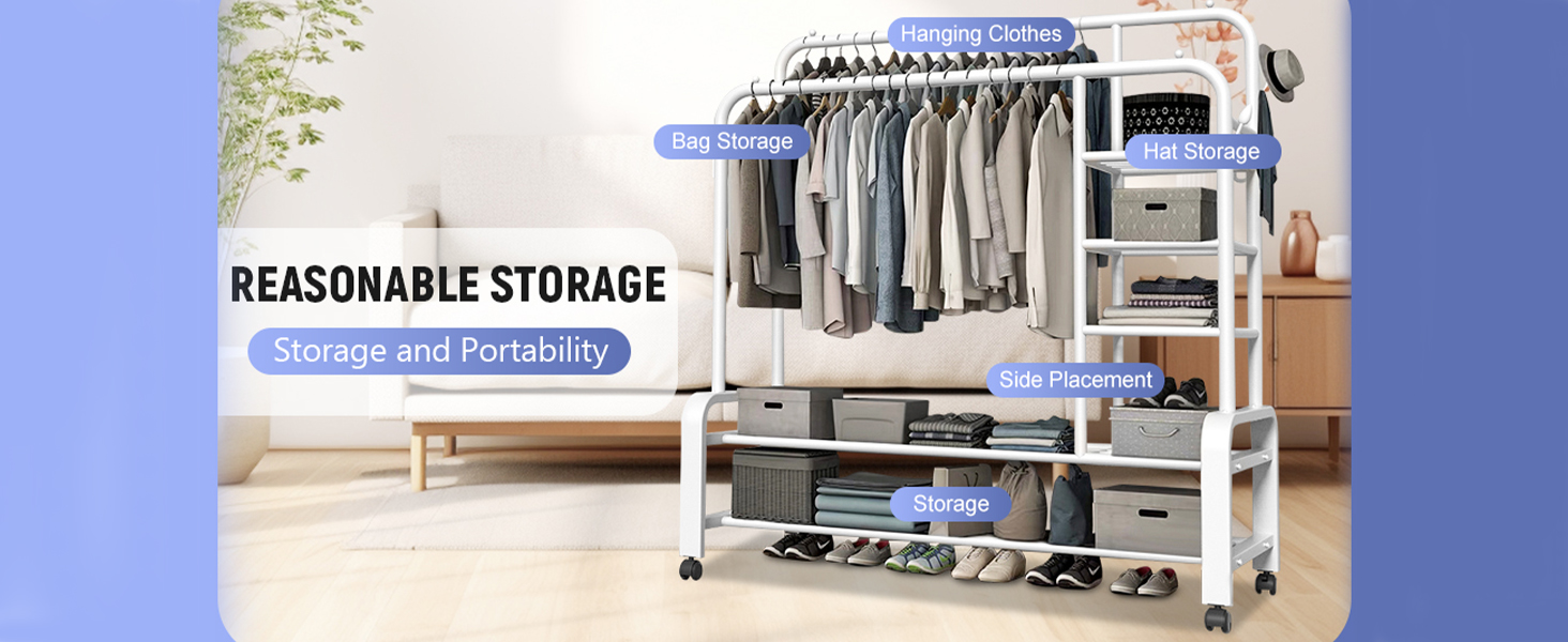 Легкий металевий вішак для одягу на коліщатках (білий)