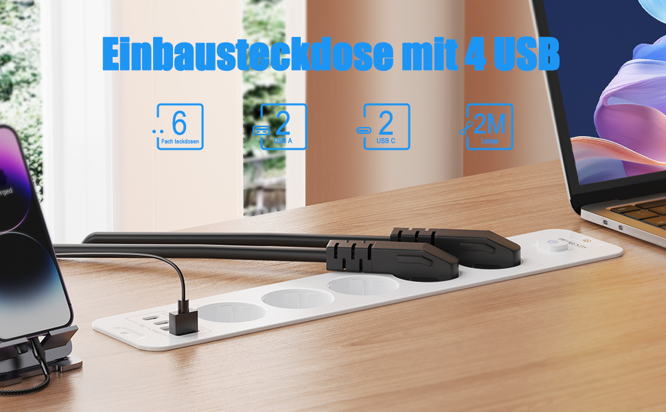 Мережевий фільтр 6-фазовий з USB-портами (4 USB-A, 2 USB-C), з вимикачем, білий, PD 20W