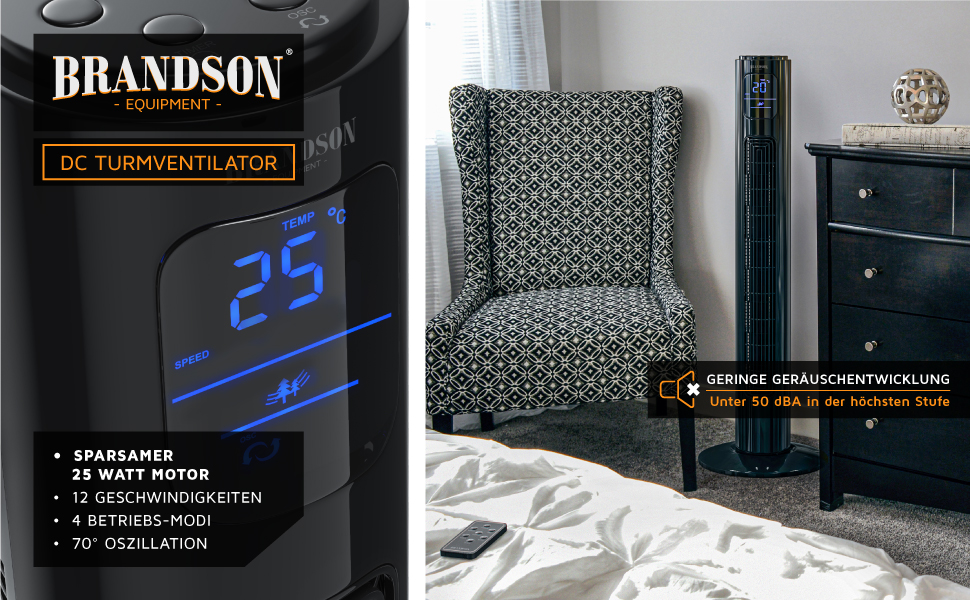 Turmventilator Brandson ECO Silent з DC-двигуном: 12 швидкостей, таймер, пульт ДУ, енергозбереження, колір чорний