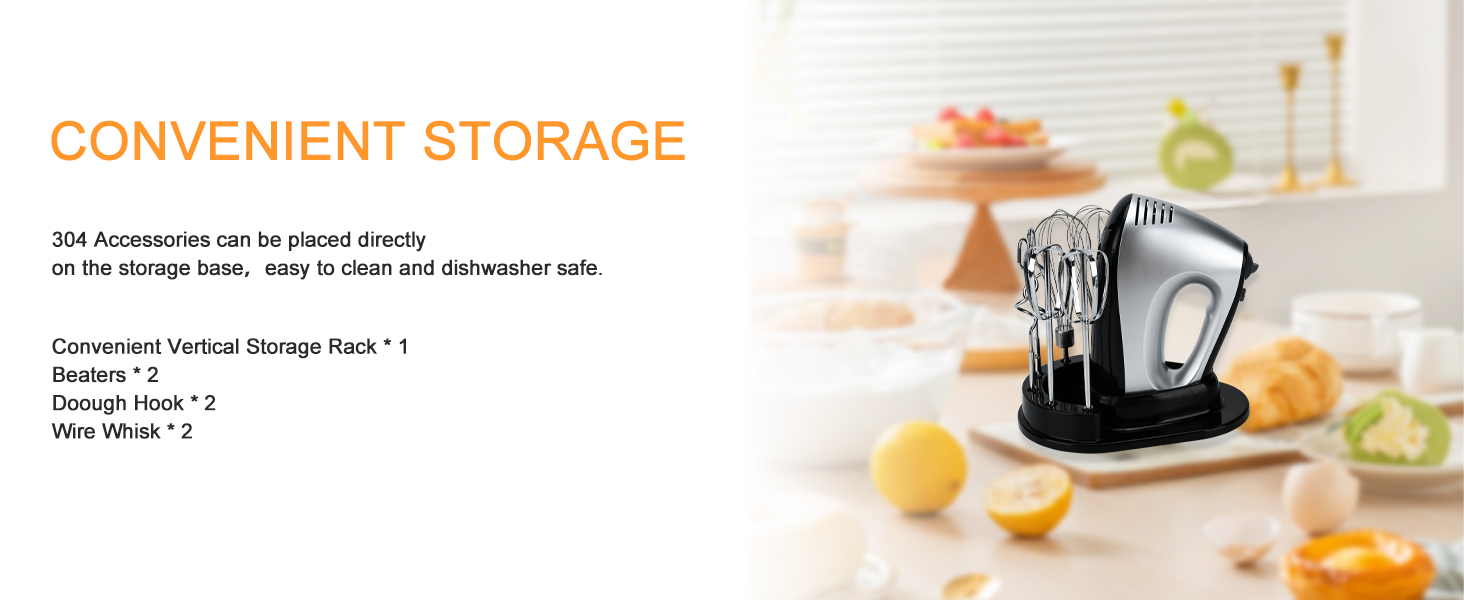 Електричний міксер Lychee з анти-розбризкуванням, 5 швидкостей (Turbo), база для зберігання, 6 насадок з нержавіючої сталі, 300W