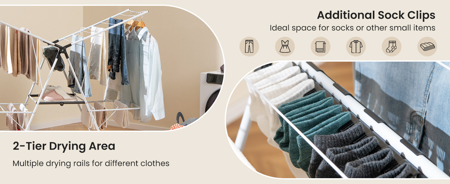 Стійка для сушіння білизни HOMASIS, розкладна, з 2 крилами, регульована, 6 рівнів, з вішалкою та прищіпками, для балкону (біла)