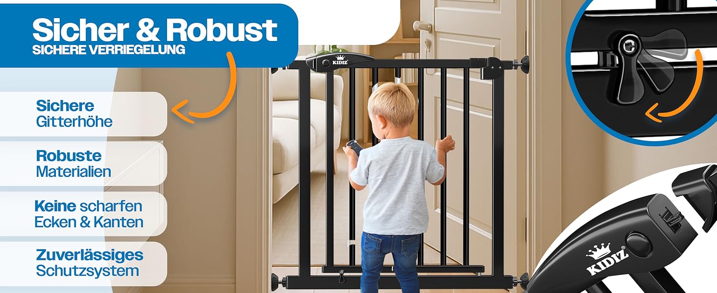 Захист для сходів KIDIZ без свердління | Ширина: 74-80 см, висота 75 см | Захист від падіння для дітей та собак | Одноручний відкривання, система Open-Stop 90°, сірий