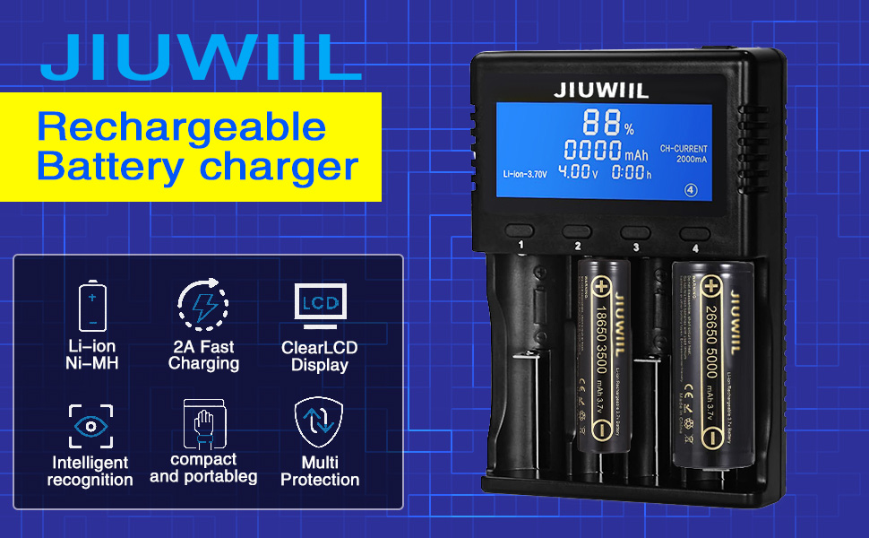 Зарядний пристрій JIUWIIL для акумуляторів 18650, 26650, Li-ion, LiFePO4 з LCD-дисплеєм - 4 слоти, швидка зарядка