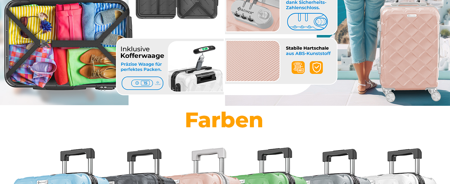 Набір валіз KESSER® 3 шт. | Валізи з ABS-пластику з кодовим замком, ваговою шалькою та органайзером для документів | Ручна поклажа та великі валізи для подорожей та бізнесу, ролики 360°, колір Білий Сніг