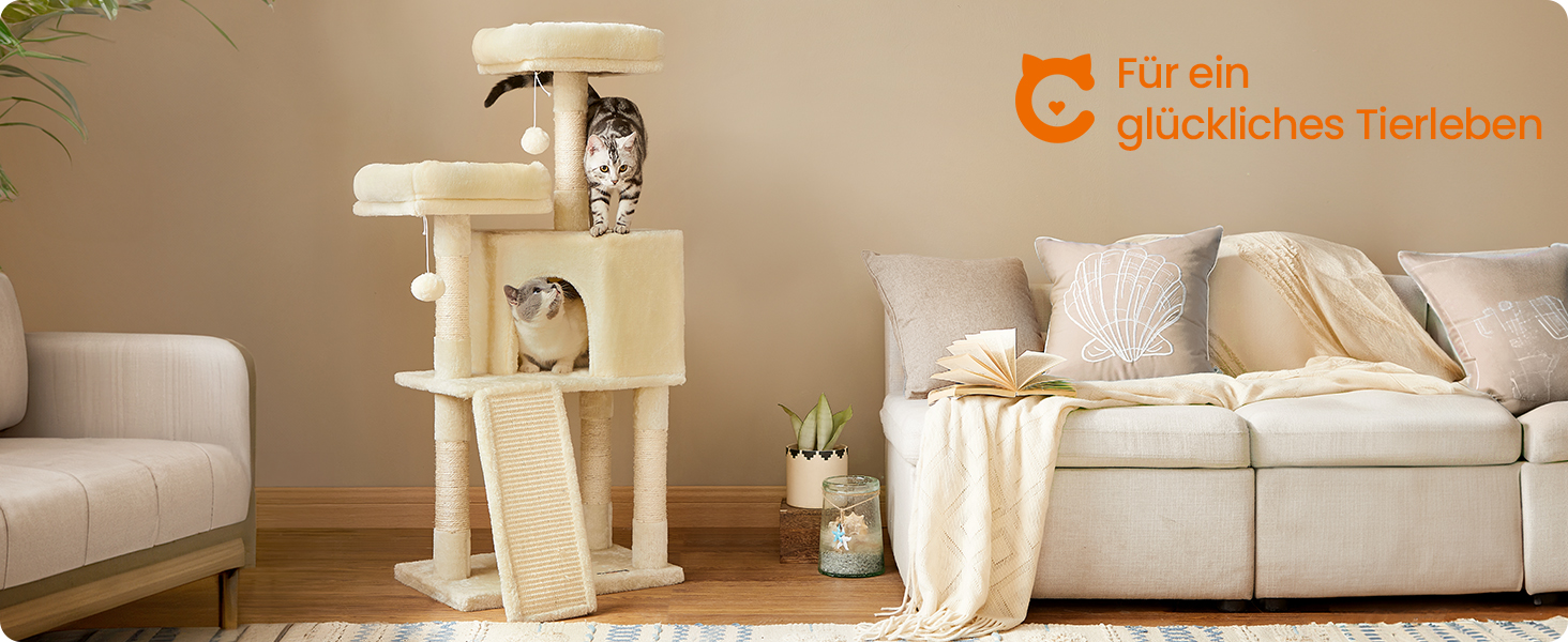 Драбина-кіготь Feandrea для котів, 115 см, бежева, з платформою та м'яким плюшем, повністю обмотана сизалем, PCT141W01