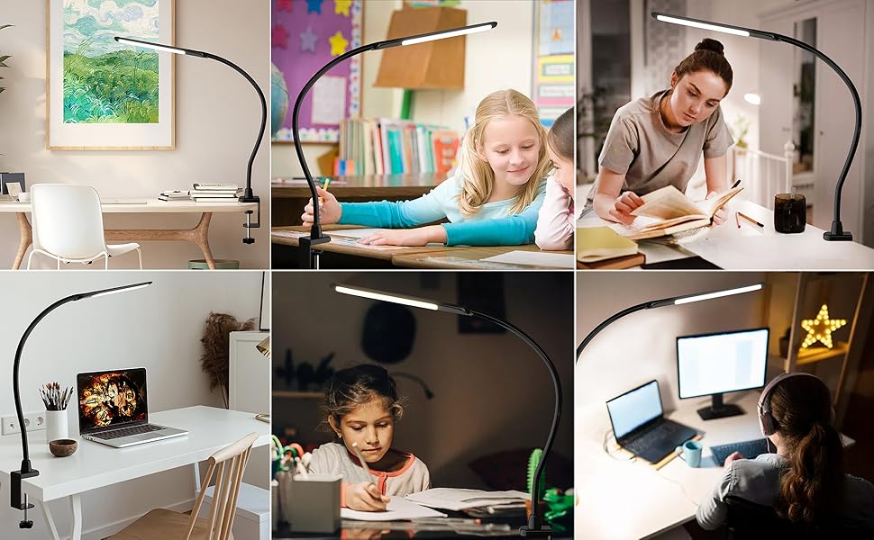 Настільна лампа HOKONE LED з клемою, димер, 4 кольори, 10 рівнів яскравості, гнусий «лебединий шия», 360° регулювання, для офісу, чорна T7-schwarz