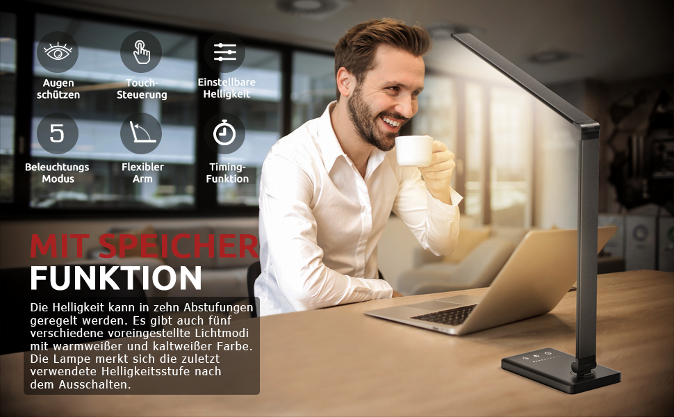 LED настільна лампа з регулюванням яскравості, 5 кольорів та 10 рівнів, захист очей, сенсорне керування, складна, нічна лампа з акумулятором 2500mAh (чорний)
