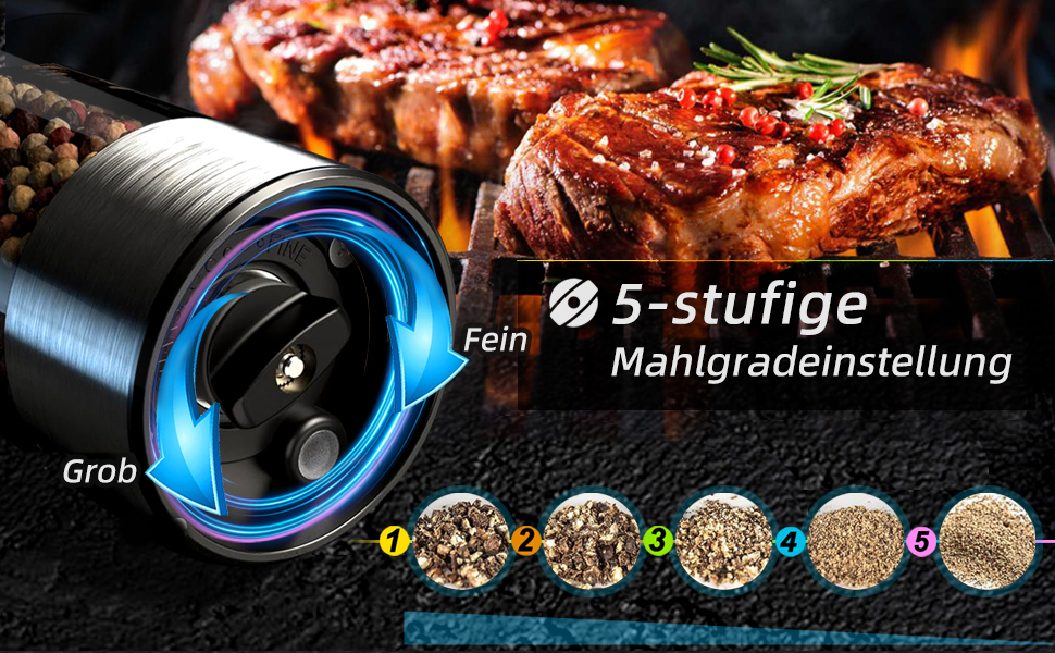 Електричний набір для солі та перцю з нержавіючої сталі, 2 шт., автоматичний, перезаряджається, 5 ступенів помелу, 95 мл, LED-підсвічування, Type-C, база для зберігання