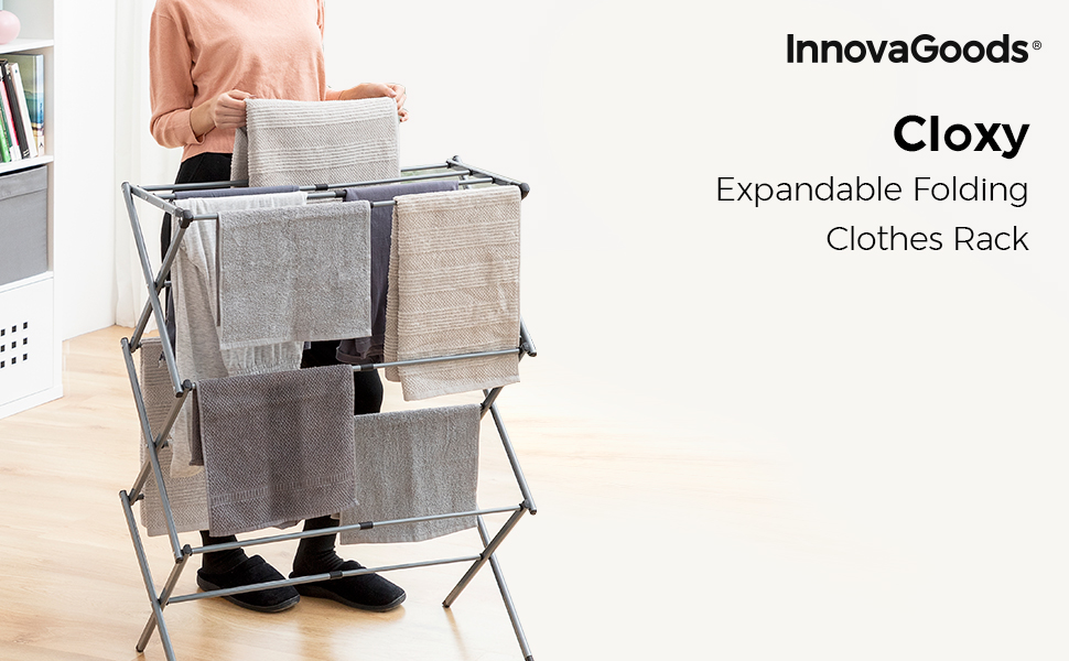 Складана розсувна металевa сушарка для білизни InnovaGoods, 3 рівні, 11 прутів, водостійка, легкий монтаж, срібляста, розмір A