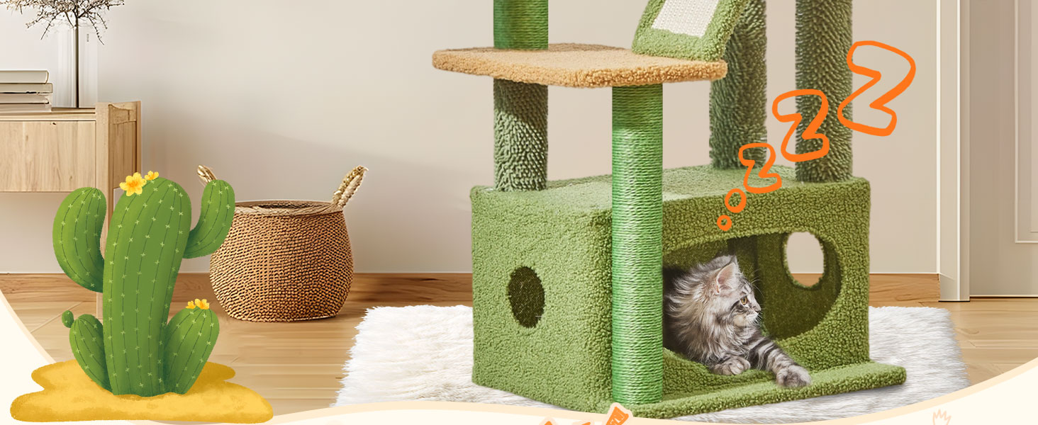 Кігтеточка Taoqimiao Klein, 98 см: котячий будиночок, корзина, 4 стовпчики, м'ячі, зелений (MS029SW)