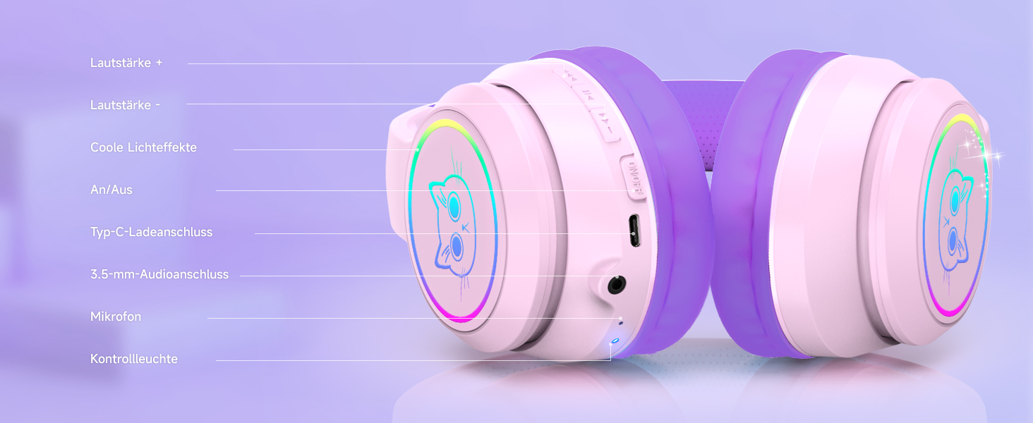 Дитячі навушники LOBKIN Bluetooth Over-Ear з чохлом, бездротові та провідні, для дівчаток, складні, регульовані, для школи та подорожей (рожево-фіолетові)