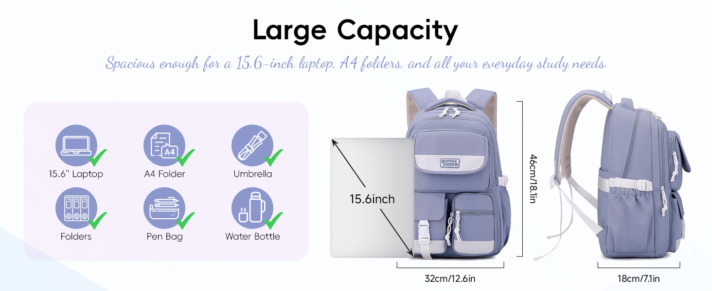 Рюкзак для підлітка, шкільний рюкзак для дівчинки з багатьма відділеннями, рюкзак для учнів 3-5 класів, середньої та старшої школи, нейлоновий рюкзак для подорожей та відпочинку, блакитний