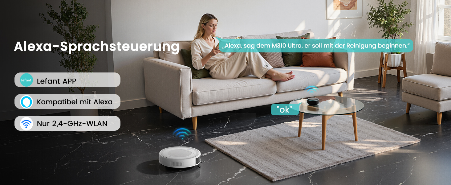 Робот-пилосос LEFANT M2 з функцією миття, 6000Pa, LiDAR-навігація, зони заборони, керування через APP/Alexa, для шерсті тварин, килимів та твердих підлог (M310 Ultra-W)