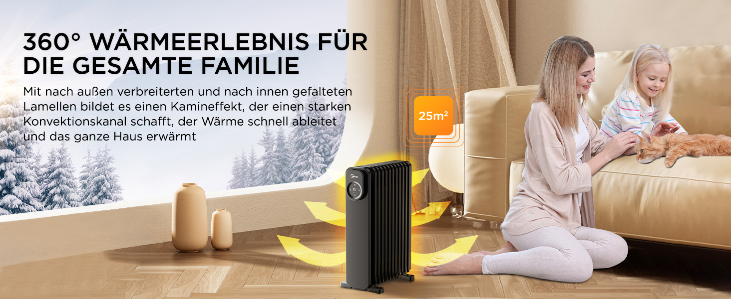 Електричний масляний радіатор Midea 2000W з 9 ребрами, термостатом та захистом від перегріву, тихий нагрівач для дому та офісу, чорний