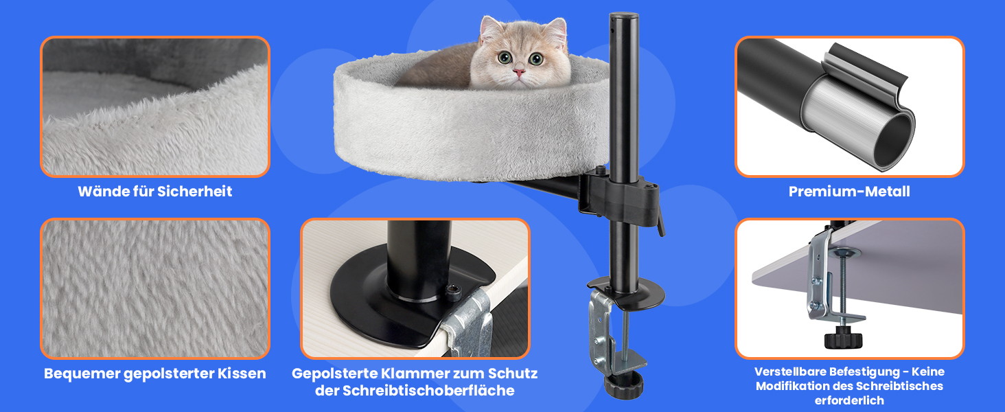 BSWAY Крісло-гніздо для кота на стіл - Покращена 360° обертання, регульована висота, без свердління. Підвищене котяче ліжко над столом. Тримає кошеня/кота близько, робочий простір вільний. Крісло-ліжко для кота на стіл (Сірий, XL)