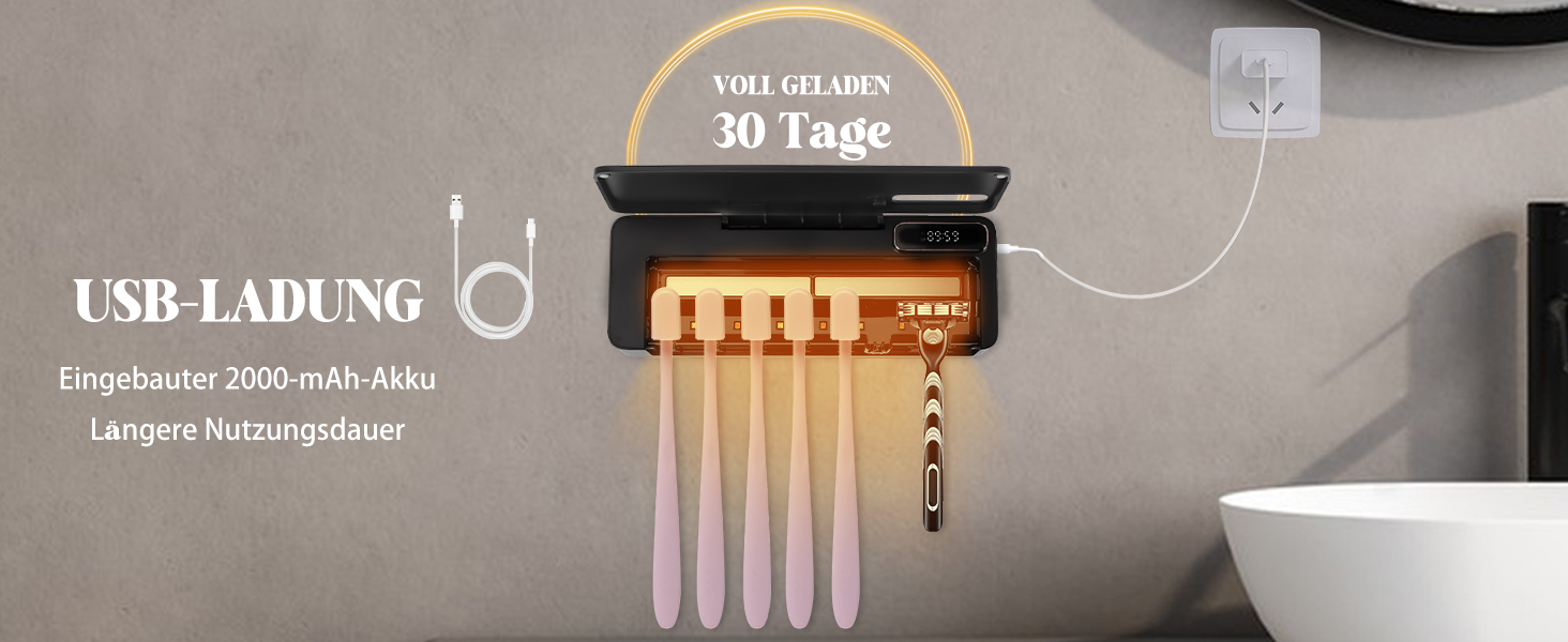 Тримач для зубних щіток настінний з УФ-дезінфекцією, електричний, для 7 щіток, USB, 2000mAh, 3 режими, для дому, ванної кімнати, душу (Чорний)